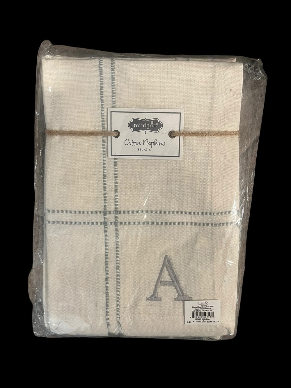 Mud Pie “A” Initial Cotton Napkins Set of 4 Off White & Gray NWT 20x20 Tassels
